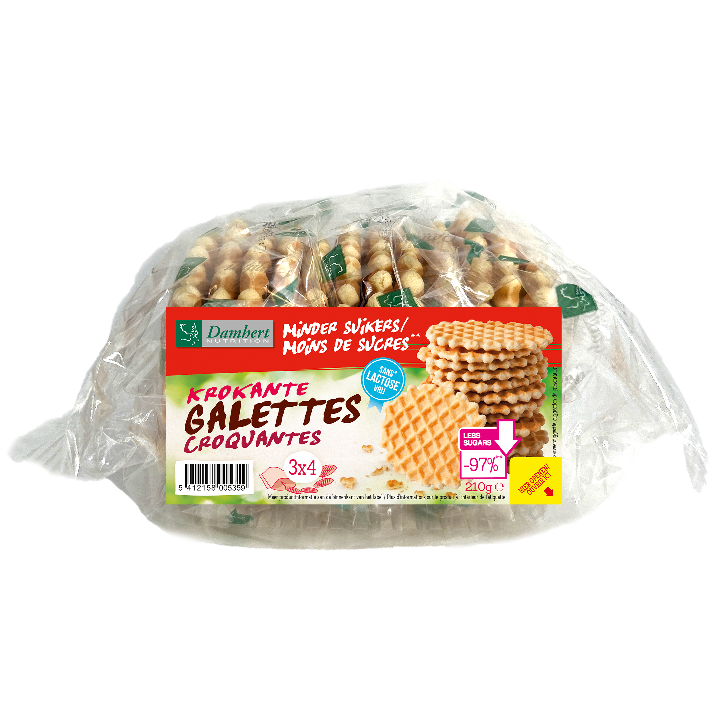 Damhert lactosevrije krokante galetten koekjes in 210g packaging, with golden-brown, crispy texture and visible layers