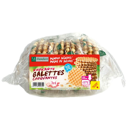 Damhert lactosevrije krokante galetten koekjes in 210g packaging, with golden-brown, crispy texture and visible layers