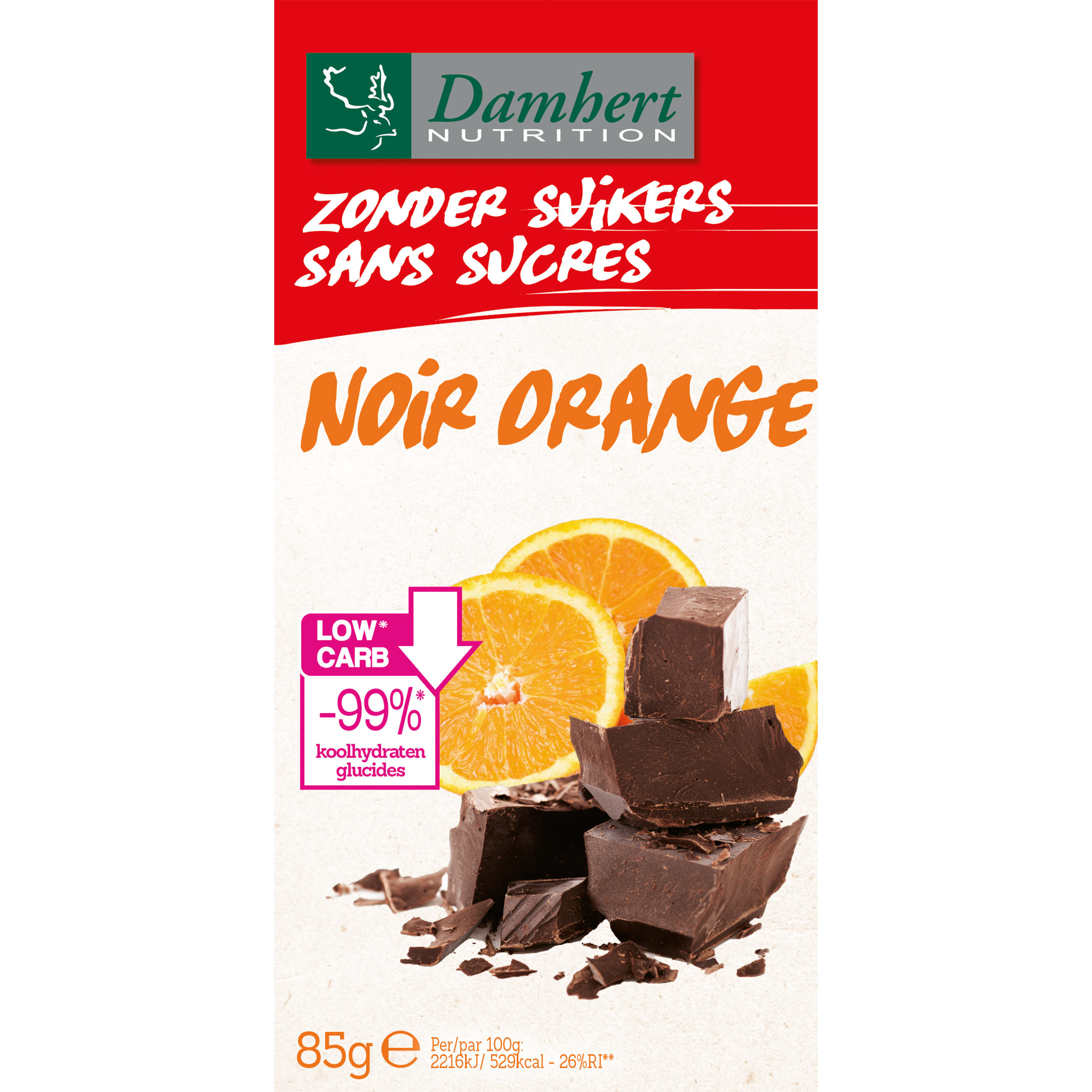 Damhert pure orange chocolate tablet, 85g, showing a close-up of the dark chocolate bar with orange flavor pieces.