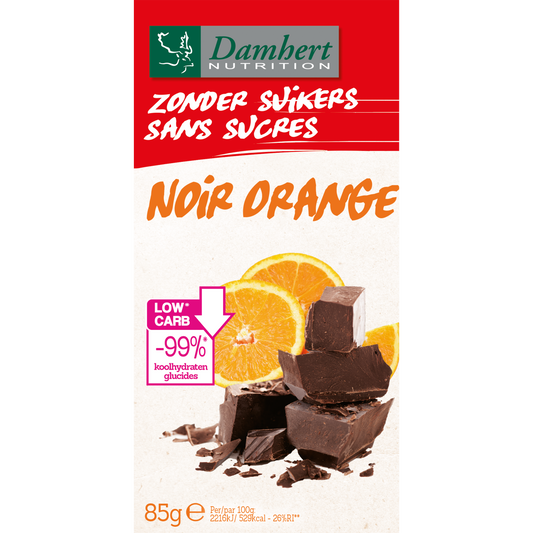 Damhert pure orange chocolate tablet, 85g, showing a close-up of the dark chocolate bar with orange flavor pieces.
