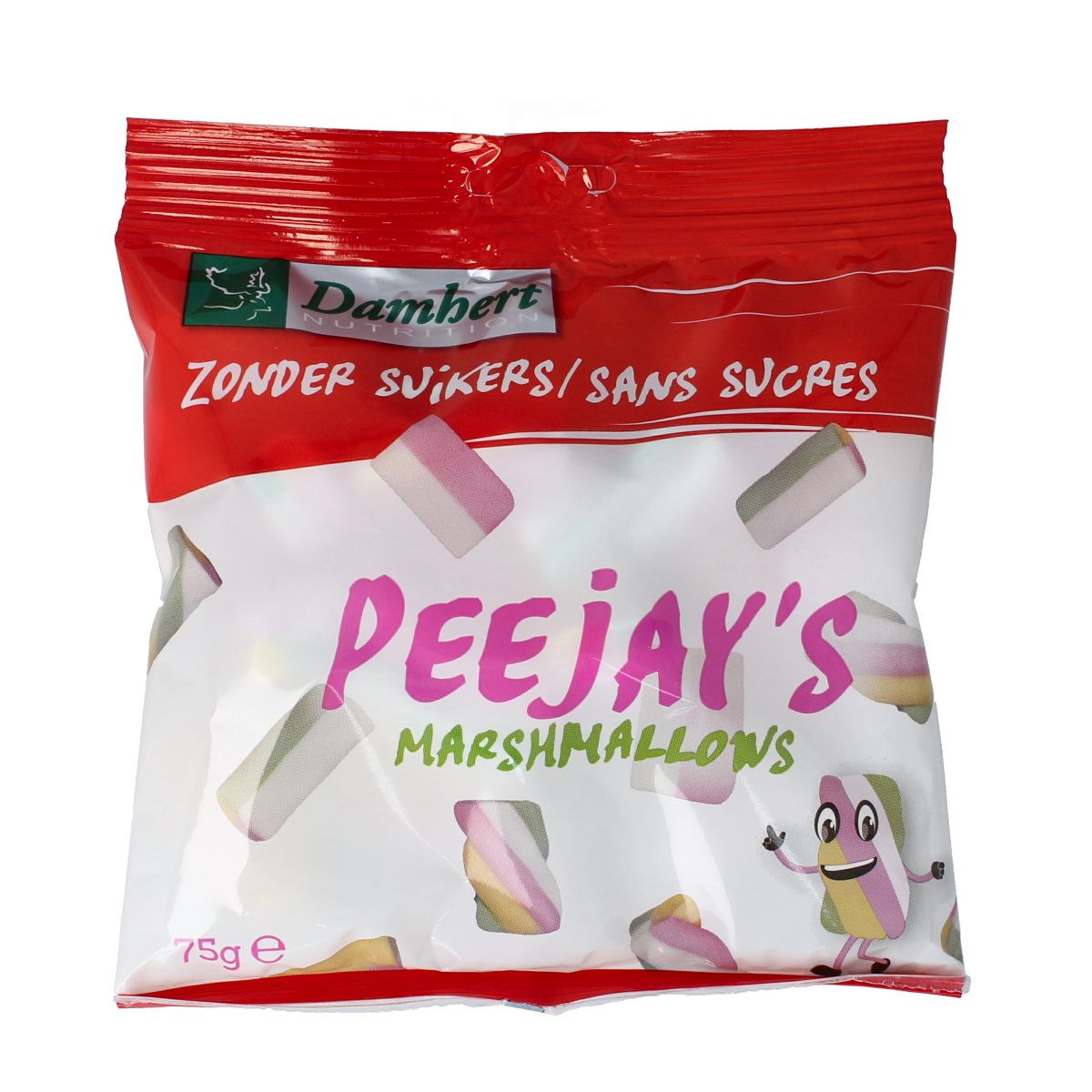 Damhert Peejays marshmallows snoepgoed in 75g package, soft and colorful candy with a fluffy texture.