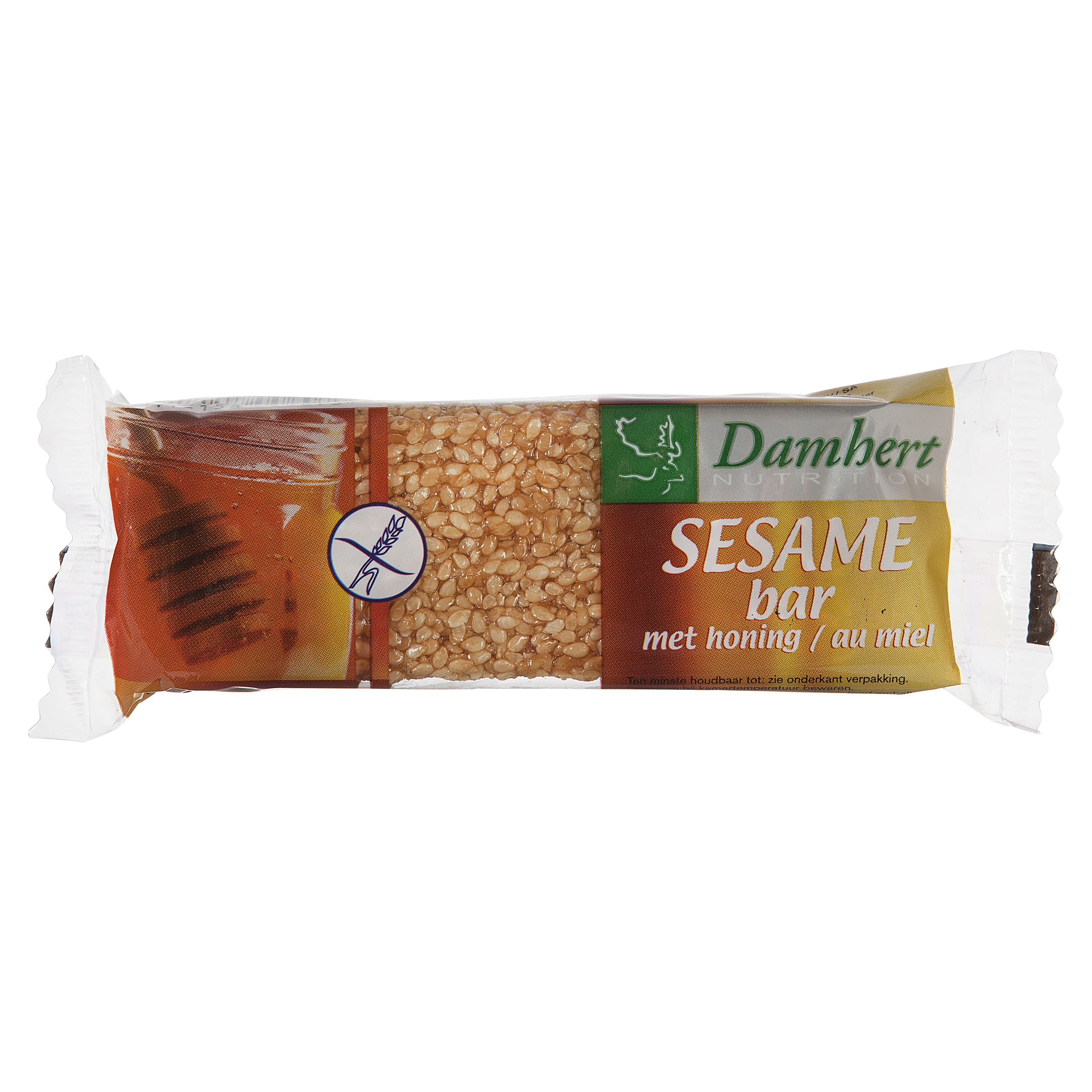Damhert Sesambar gluten-free snack pack, 50 grams, featuring sesame seeds in a clear snack package.