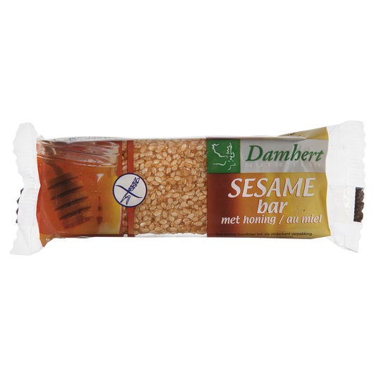 Damhert Sesambar gluten-free snack pack, 50 grams, featuring sesame seeds in a clear snack package.
