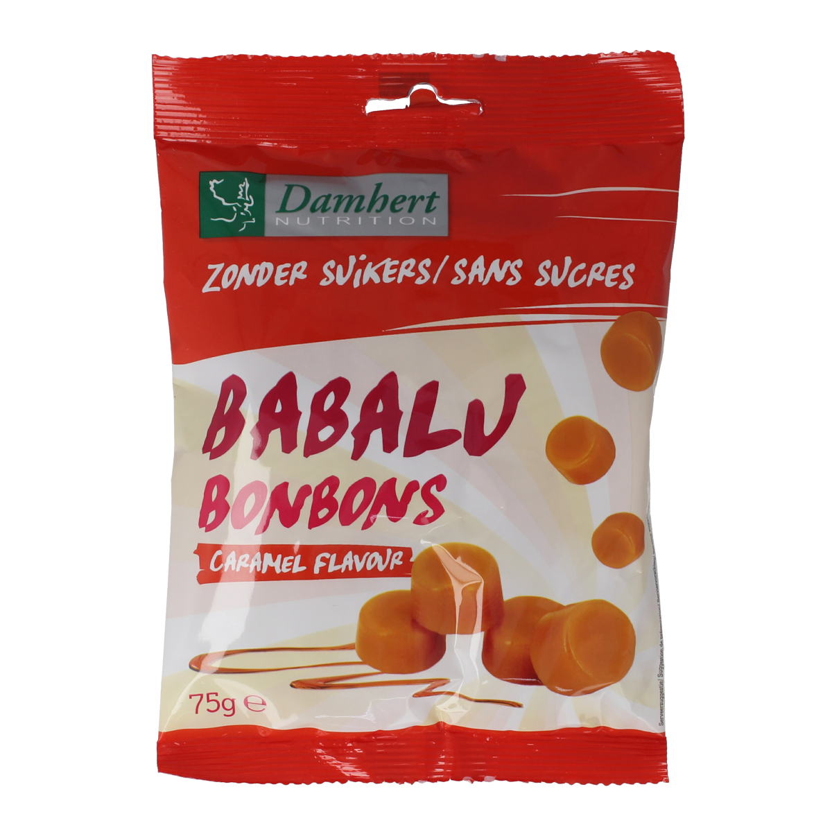 Damhert Babalu butterbonbons in a 75g package, colorful chewy candy, with shiny caramel-colored coating.