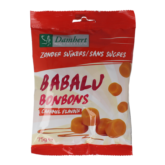 Damhert Babalu butterbonbons in a 75g package, colorful chewy candy, with shiny caramel-colored coating.