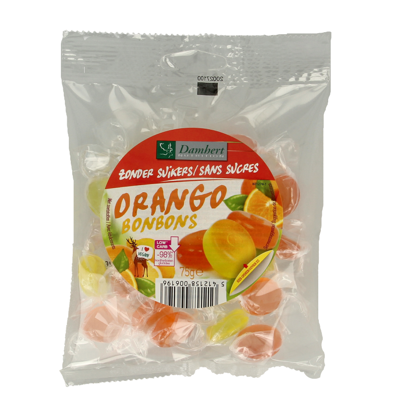 Damhert Orango bonbons in a 75g package, colorful chewy orange-flavored snoepgoed with bright packaging and orange candy inside.