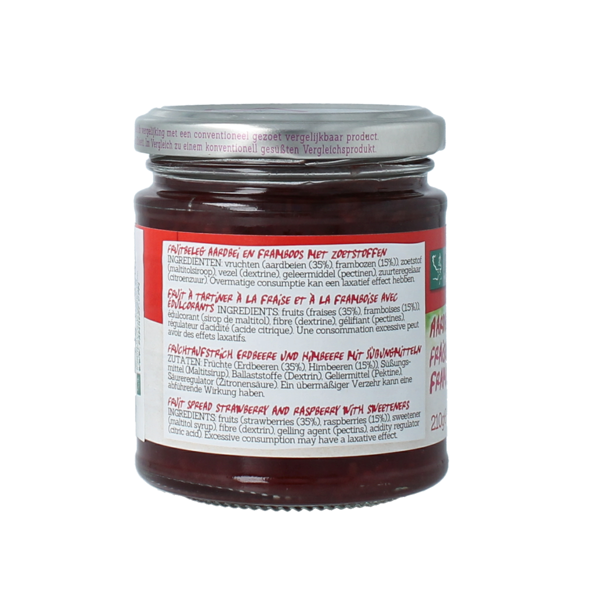 Damhert strawberry and raspberry low carb jam spread on bread, 210 grams, served in a glass jar with fruit pieces visible.