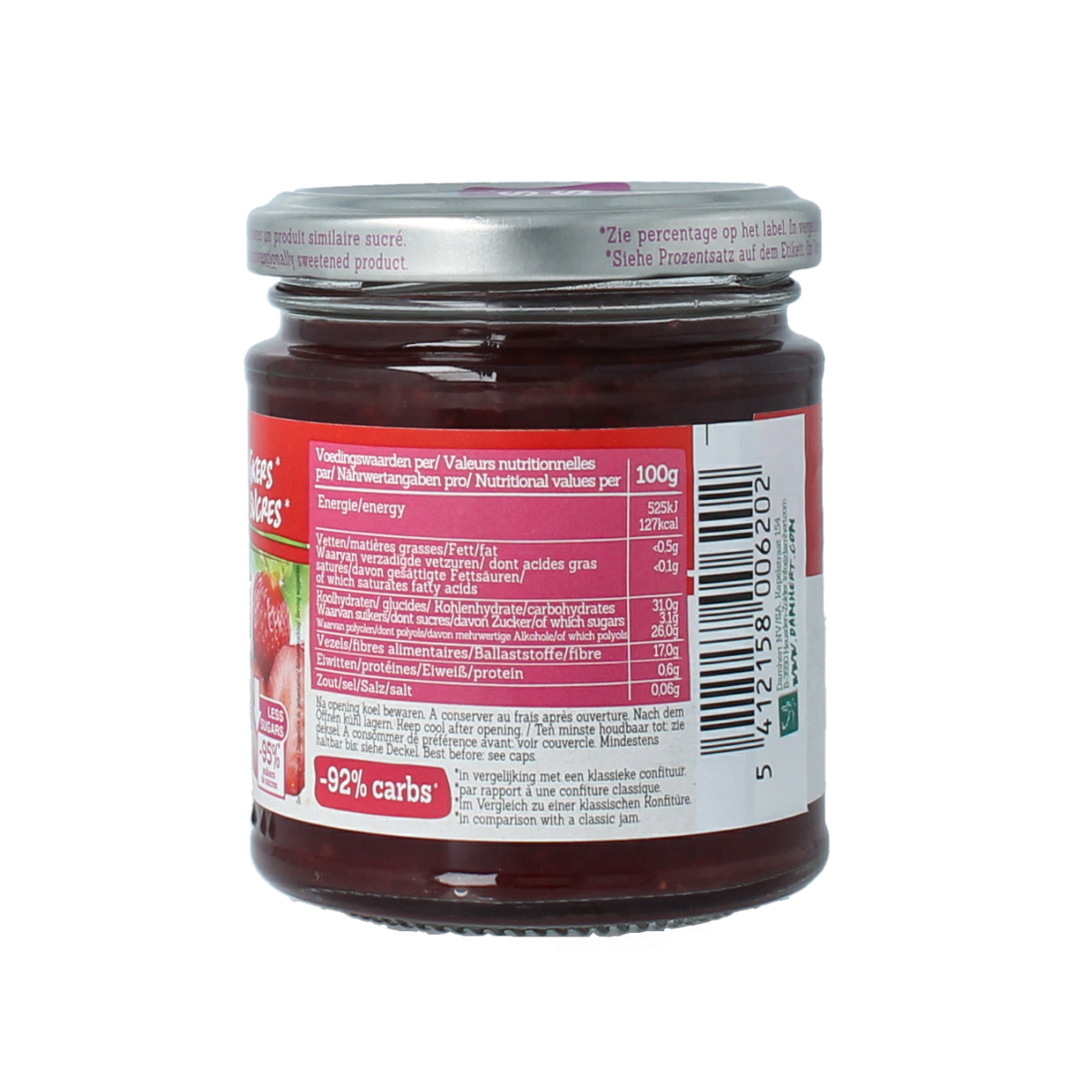 Damhert low carb strawberry and raspberry jam spread on bread, 210 grams, natural fruit preserve for breakfast or snacks.