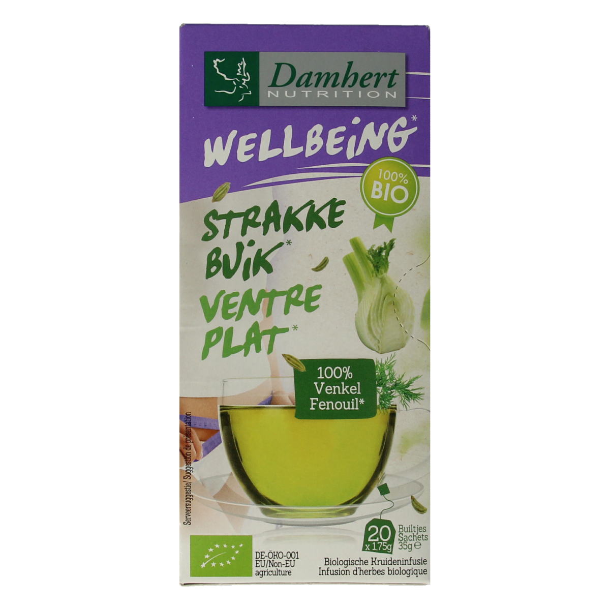 Damhert organic fennel tea in a box with 20 tea bags, featuring fennel seeds and herbal infusion ingredients.