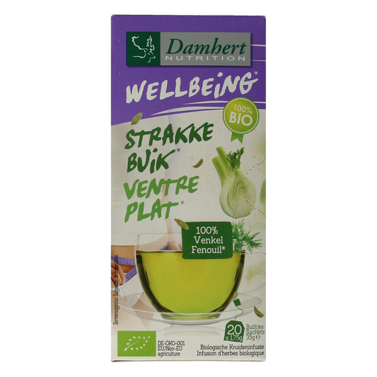 Damhert organic fennel tea in a box with 20 tea bags, featuring fennel seeds and herbal infusion ingredients.
