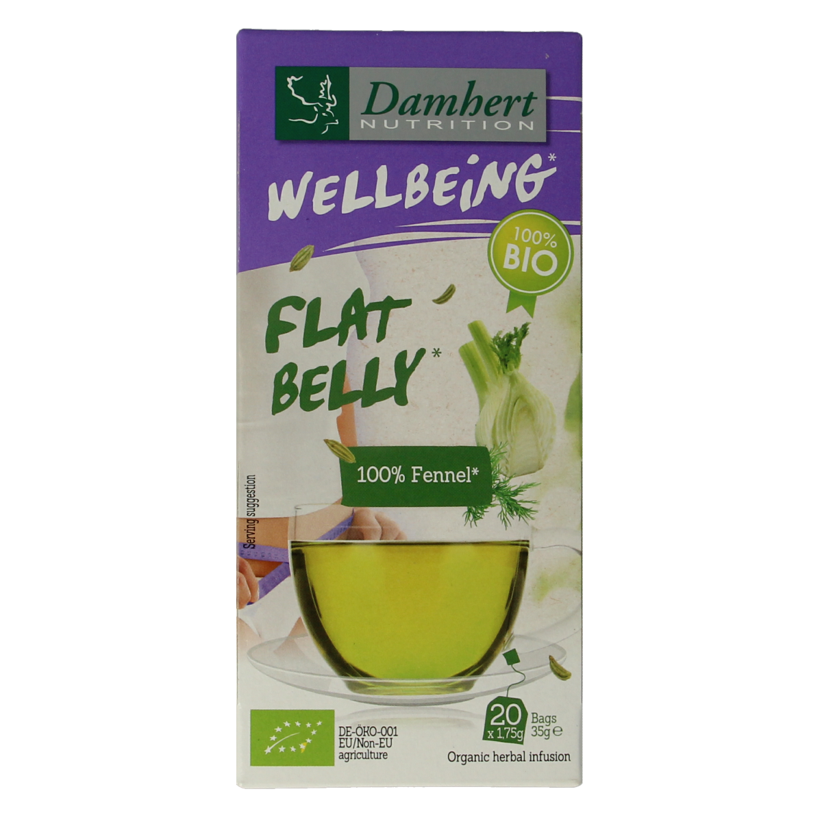Damhert organic fennel tea in a box with 20 tea bags, featuring a warm tea cup and fennel seeds on the packaging.