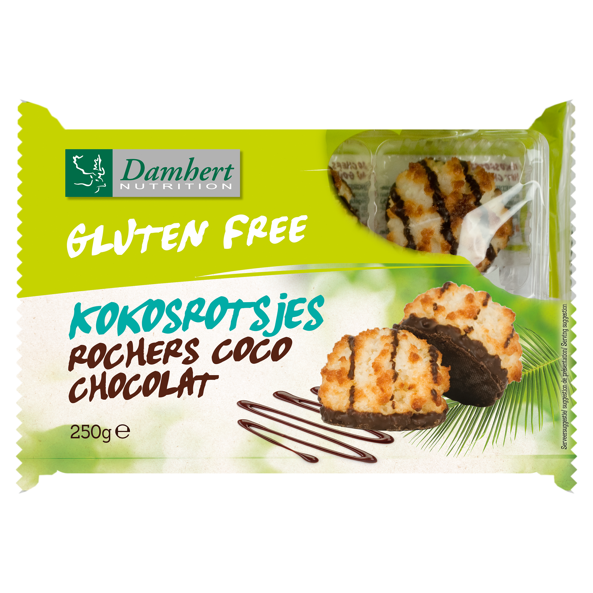 Damhert gluten-free coconut rotsen chocolate koekjes in a 250g package, showing the crispy, chocolate-coated coconut treats.