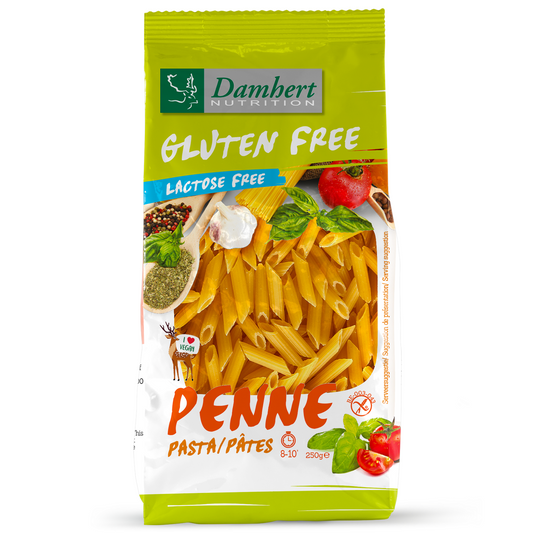 Gluten-free Damhert pasta penne in a 250g package, showcasing uncooked pasta with a yellowish color and ridged texture.