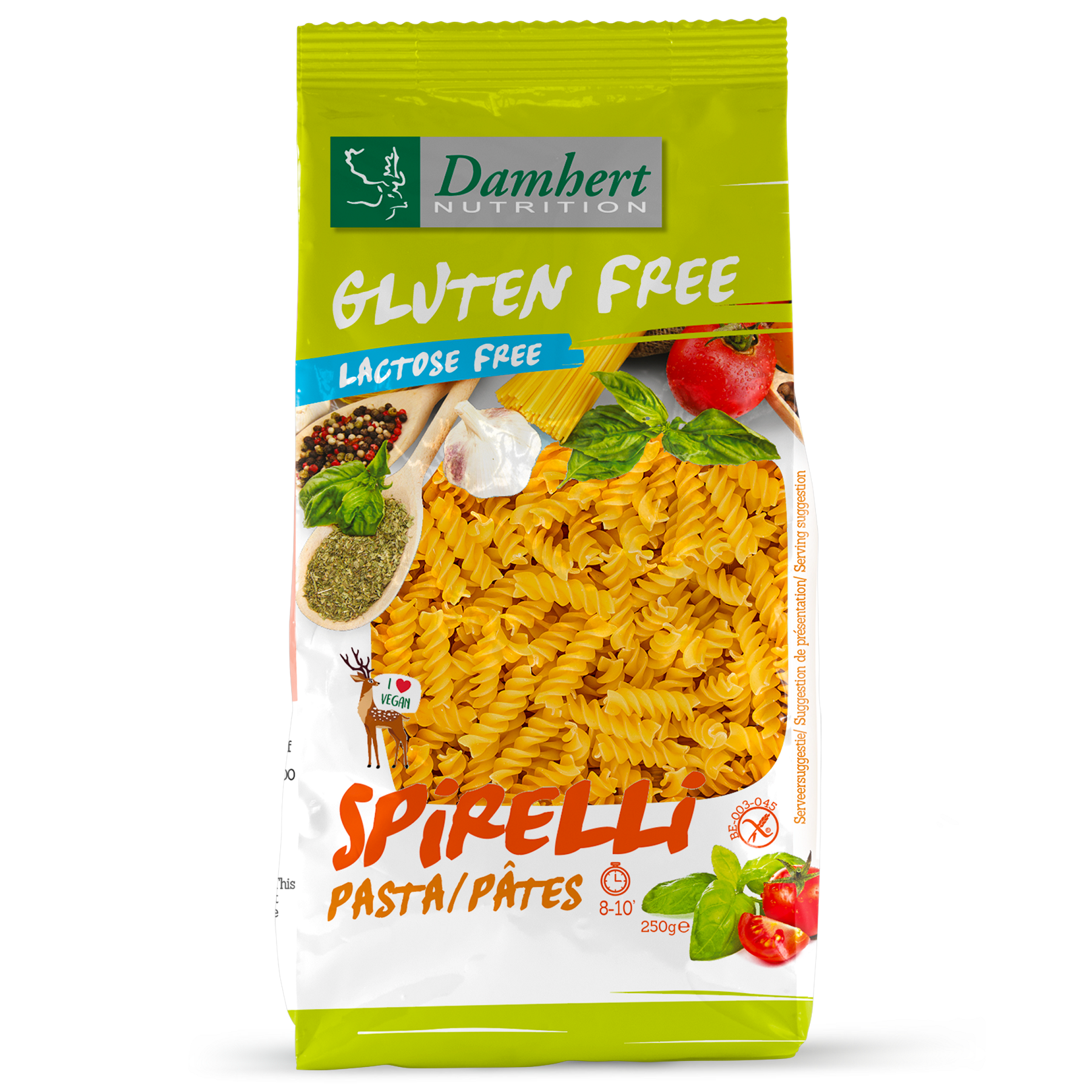 Damhert gluten-free Spirelli pasta in 250g package, showcasing a close-up of the pasta shape and packaging.