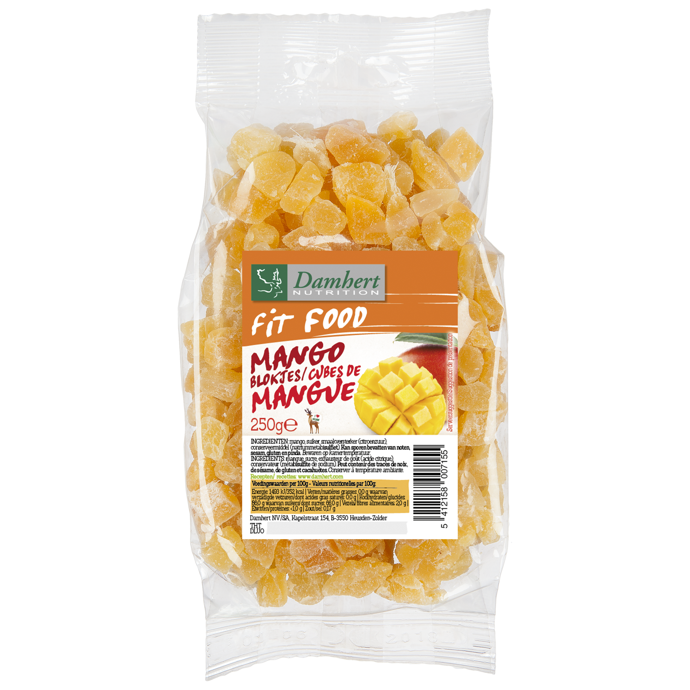 Damhert Fit Food Mango 250g, fresh and ripe mango slices in a clear packaging, ideal for healthy snacking.