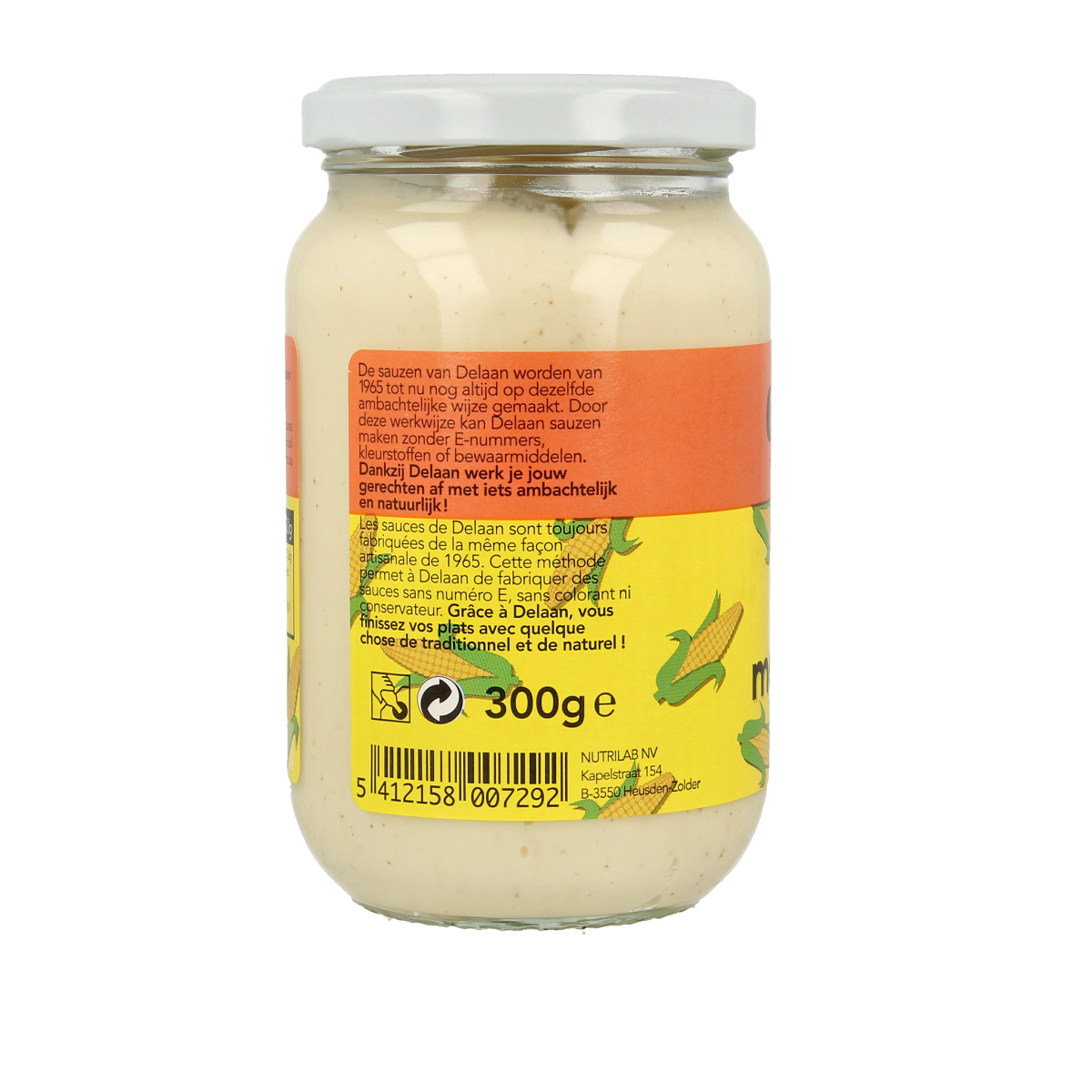 Delaan Mayonaise de Luxe 300g jar, creamy condiment from Delaan, used as a sauce or flavor enhancer in dishes.