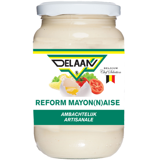 Delaan Mayonnaise Reform 300g jar, creamy sauce in a white jar with label, part of Delaan's sauces and flavorings collection.