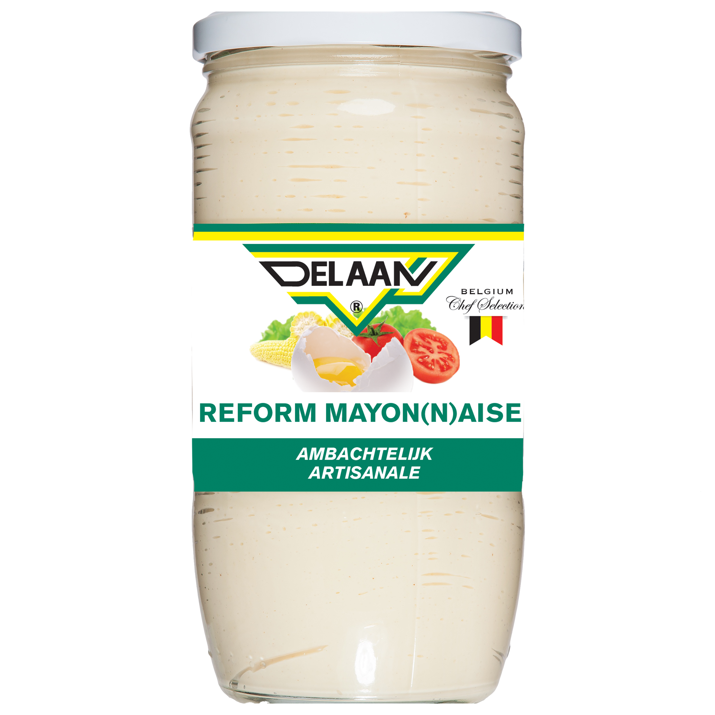 Delaan Mayonnaise reform Groot 710g jar, a creamy sauce in a plastic container, part of Sauzen en Smaakmakers product line.