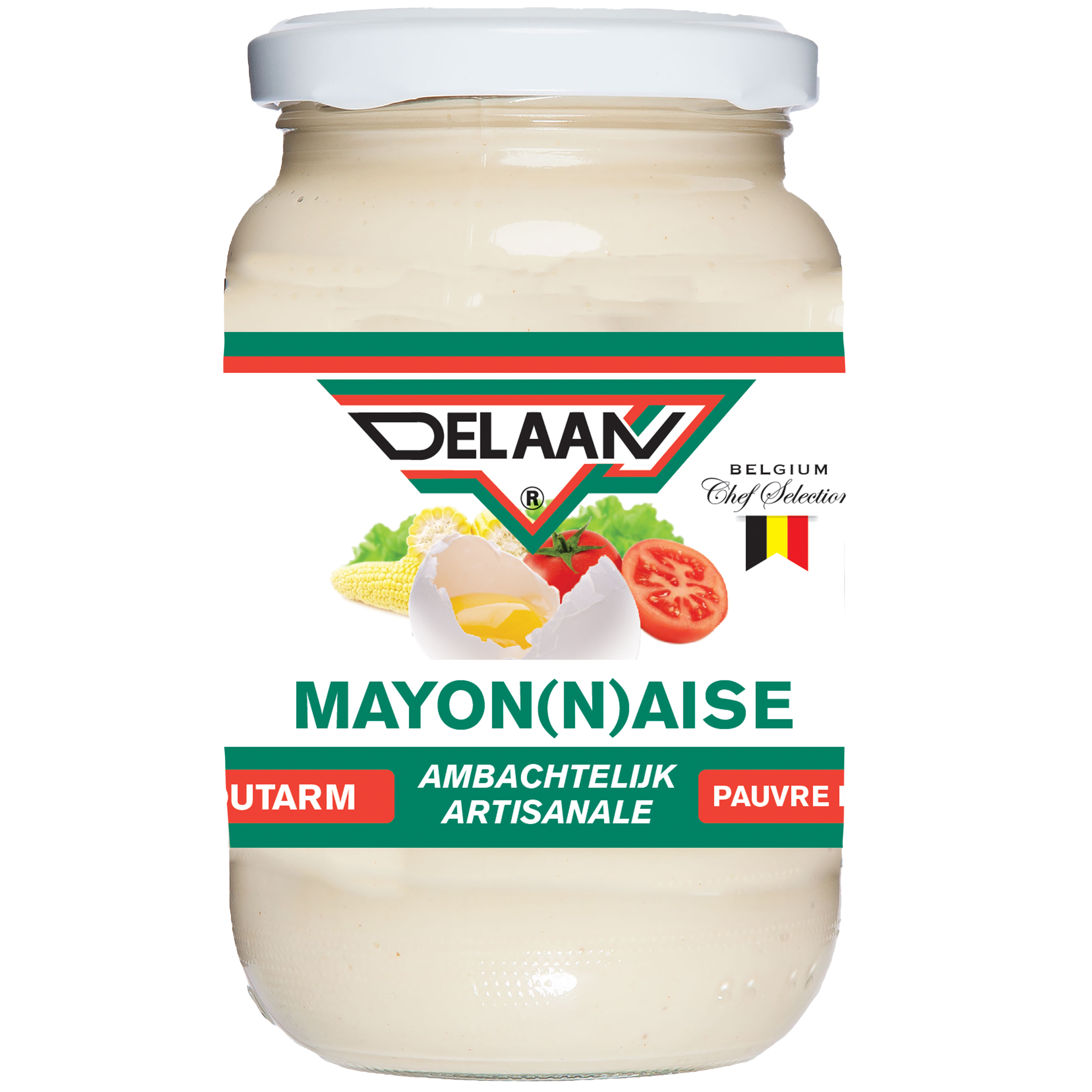 Delaan Mayonaise zoutarm 300g jar, creamy sauce with reduced salt, in a white container with Delaan branding.