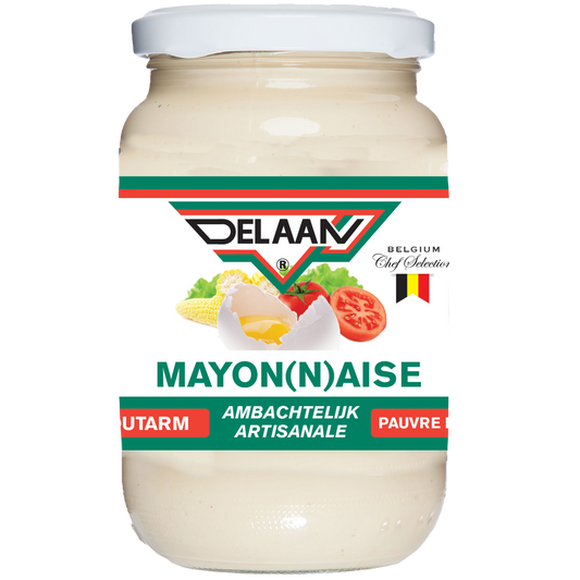 Delaan Mayonaise zoutarm 300g jar, creamy sauce with reduced salt, in a white container with Delaan branding.