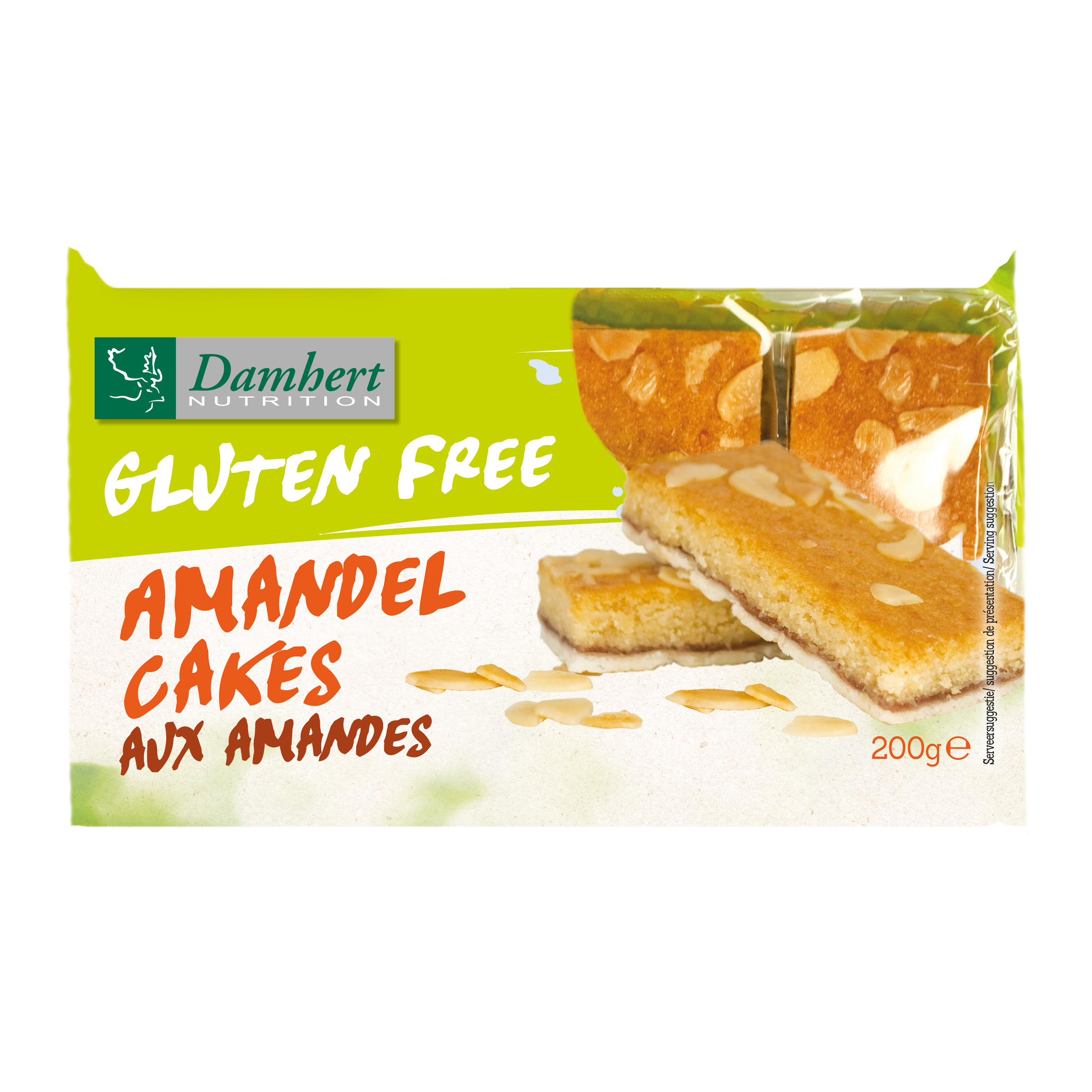 Damhert gluten-free almond cookies on a white plate, showing golden-brown almond-flavored koeken in 200g package.