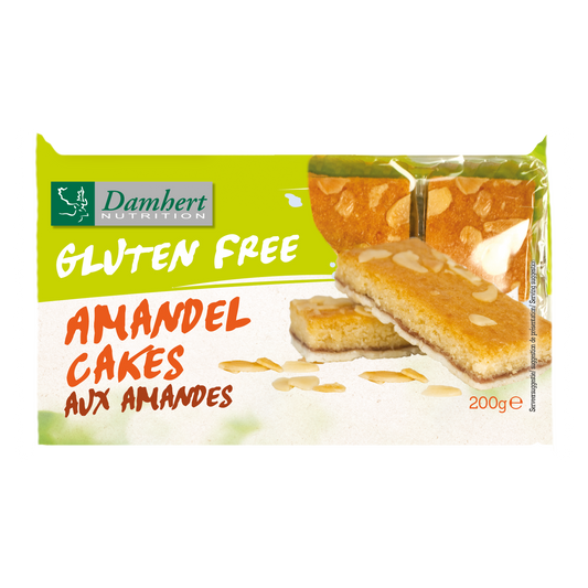 Damhert gluten-free almond cookies on a white plate, showing golden-brown almond-flavored koeken in 200g package.