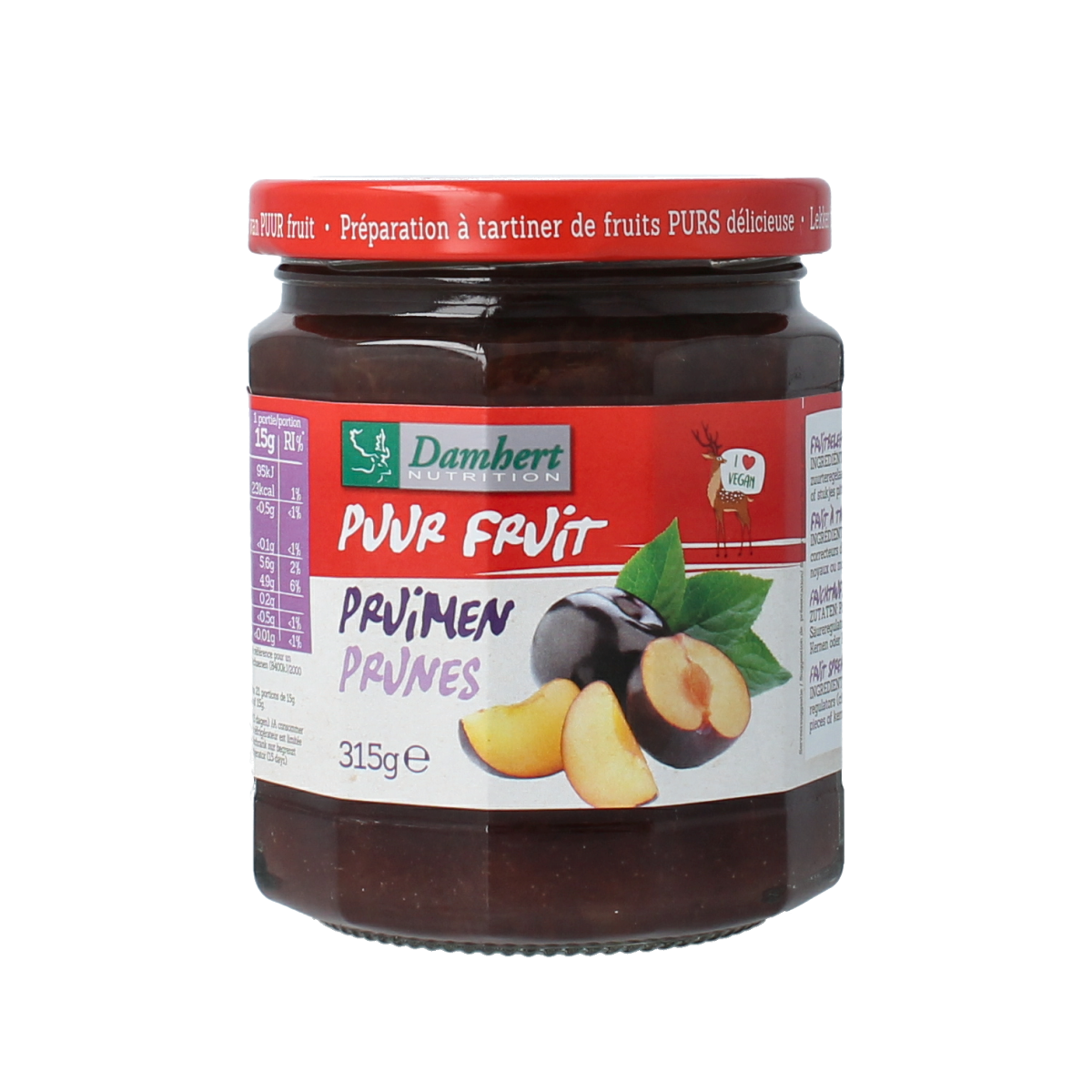 Damhert Puur fruit confituur pruimen spread on bread, 315g jar, natural plum jam for breakfast or snacks
