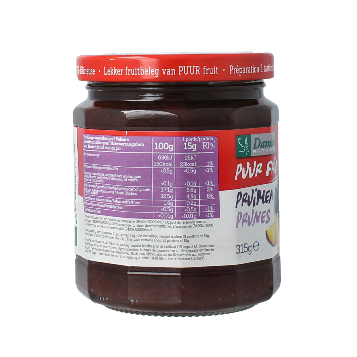 Damhert Puur fruit confituur pruimen spread on bread, 315g jar, natural plum fruit jam for breakfast or snacks.
