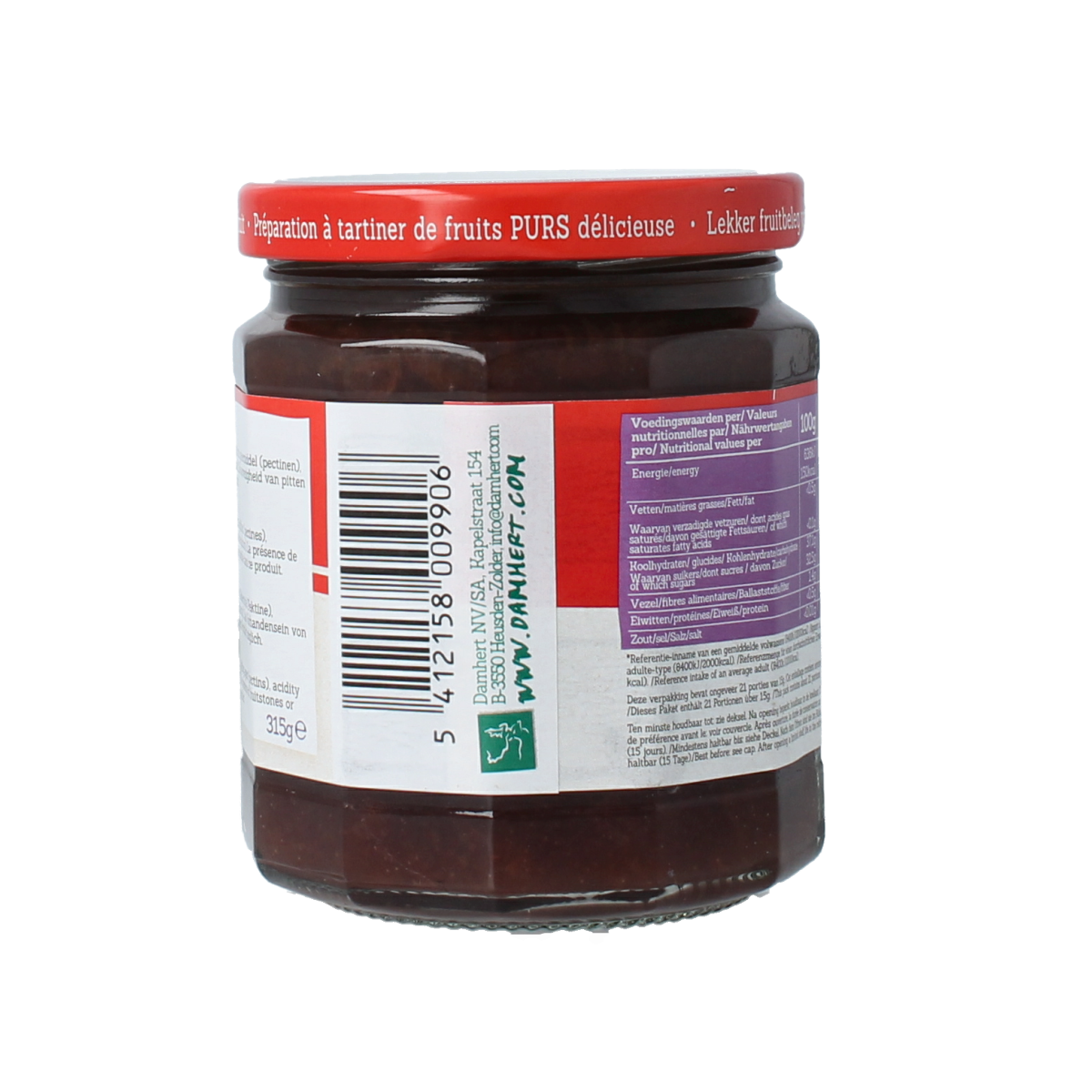 Damhert Puur fruit confituur pruimen spread on bread, 315g jar, natural fruit jam for breakfast or snacks.