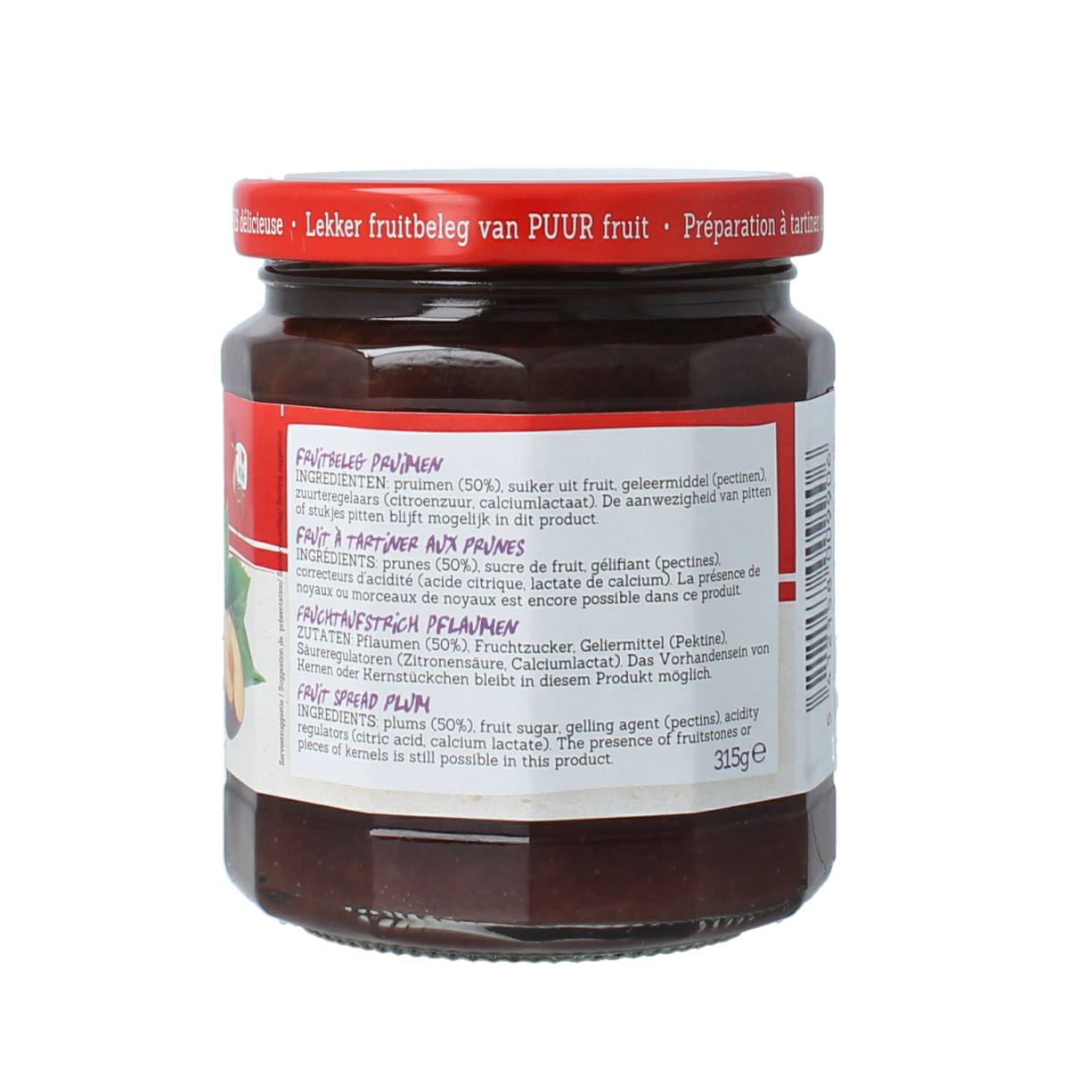 Damhert Puur fruit confituur pruimen spread on bread, 315g jar, natural fruit jam for breakfast or snacks.