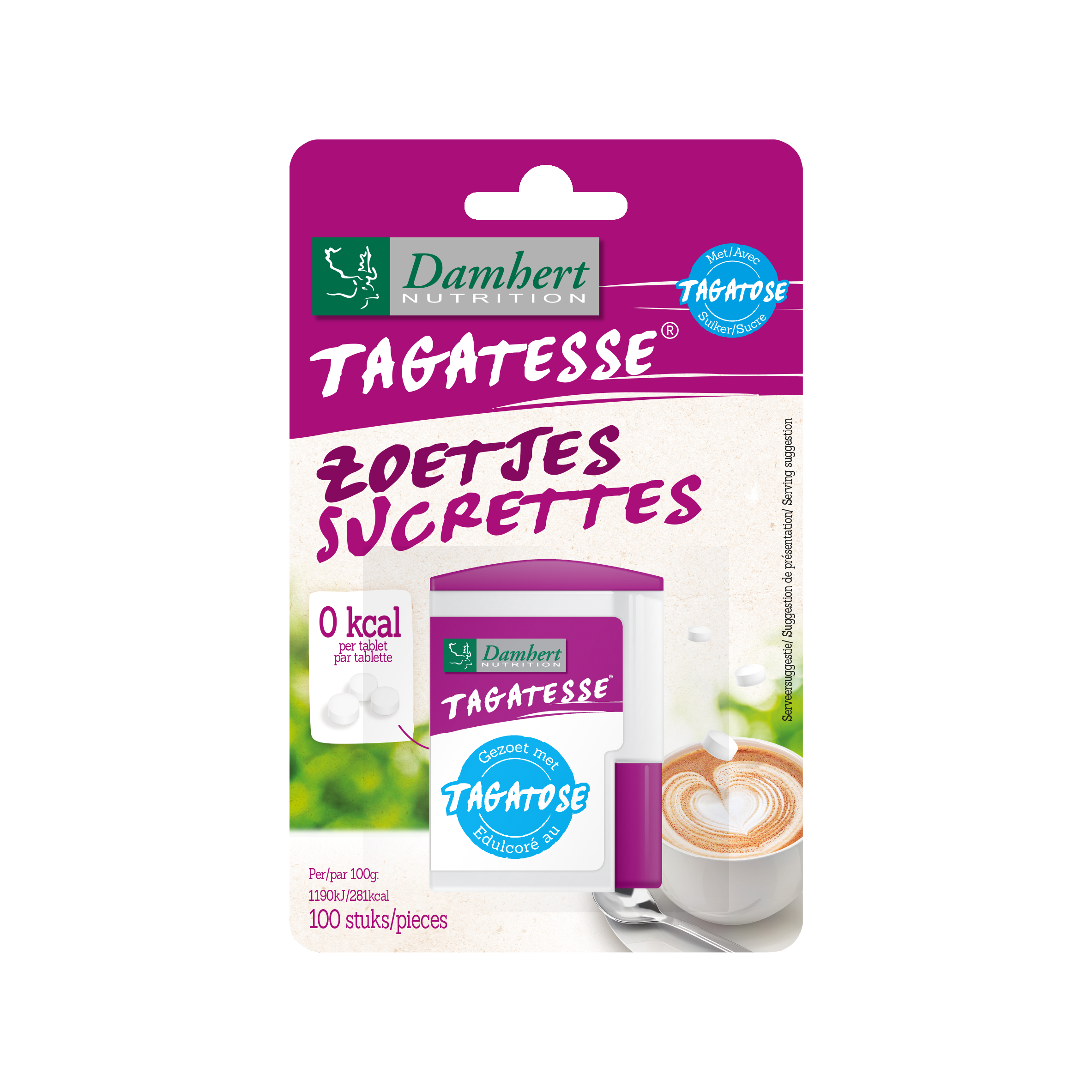 Damhert Tagatesse bio sugar substitute dispenser with 100 pieces, natural sweetener in a convenient container.