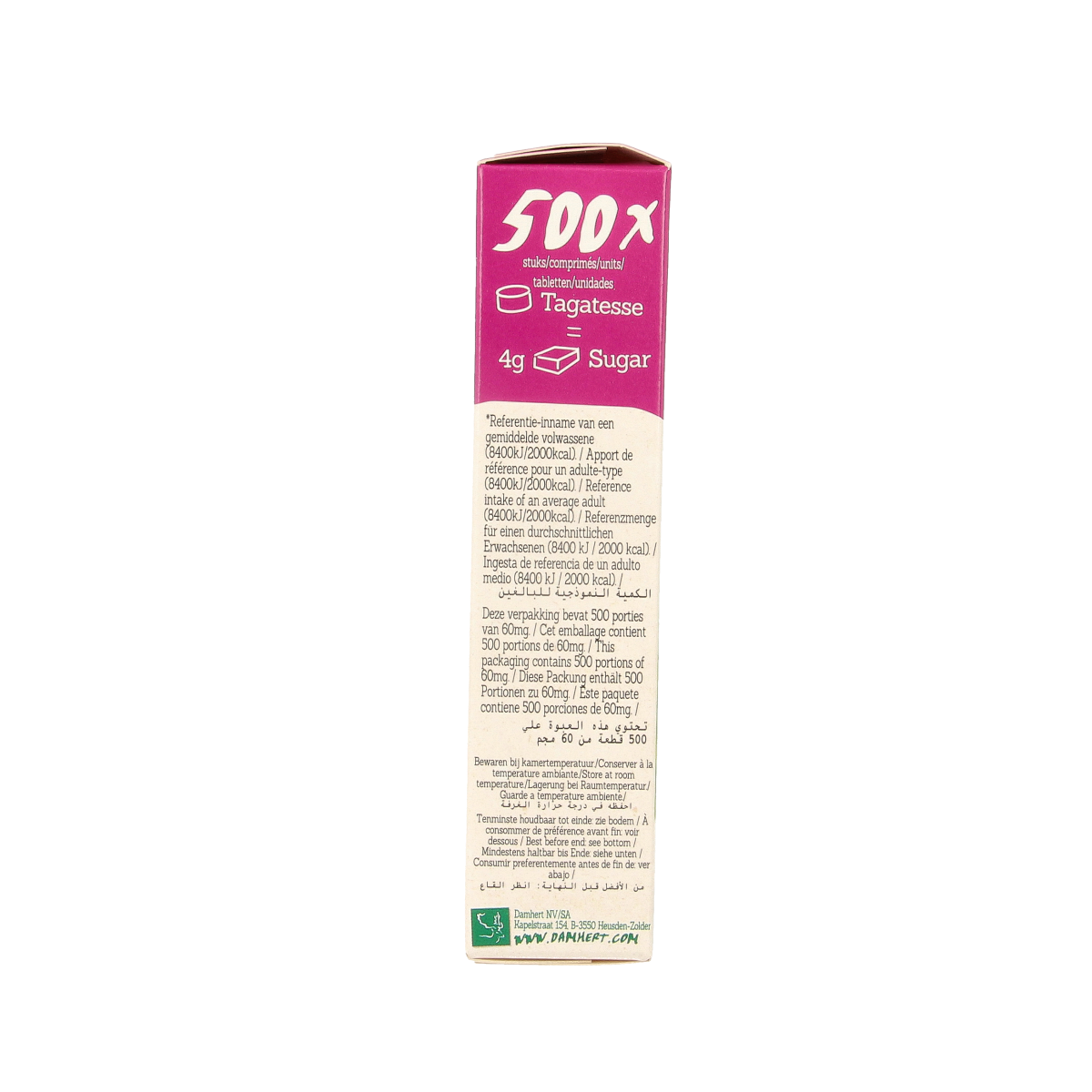 Damhert Tagatesse sugar substitute dispenser with 2 packs of 250 pieces, ideal for sweetening beverages and recipes.