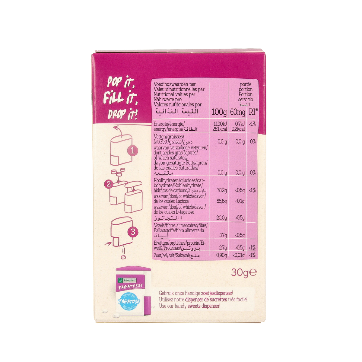 Damhert Tagatesse sugar substitute dispenser with 2 refill packs of 250 pieces each, suitable for sweetening beverages and foods.