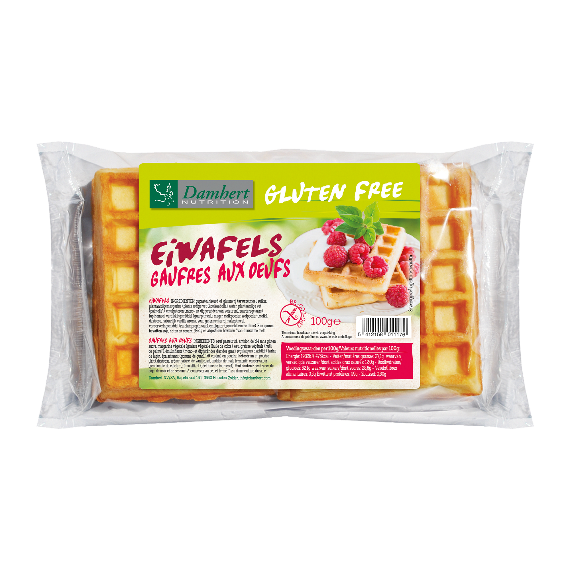 Damhert Eiwafels glutenvrij, 100g, gluten-free egg waffles displayed on a white plate.