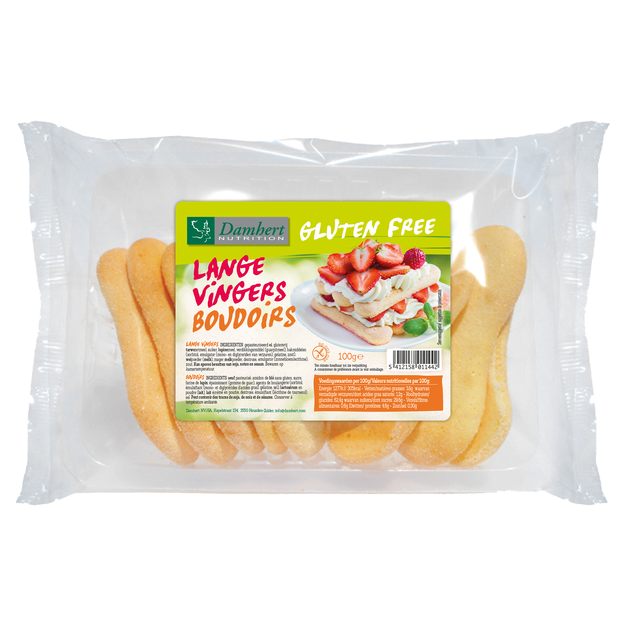 Damhert gluten-free Lange vingers koekje, 100g, showing elongated cookies with golden-brown color and smooth texture.