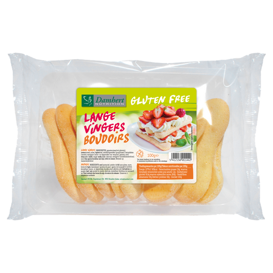 Damhert gluten-free Lange vingers koekje, 100g, showing elongated cookies with golden-brown color and smooth texture.