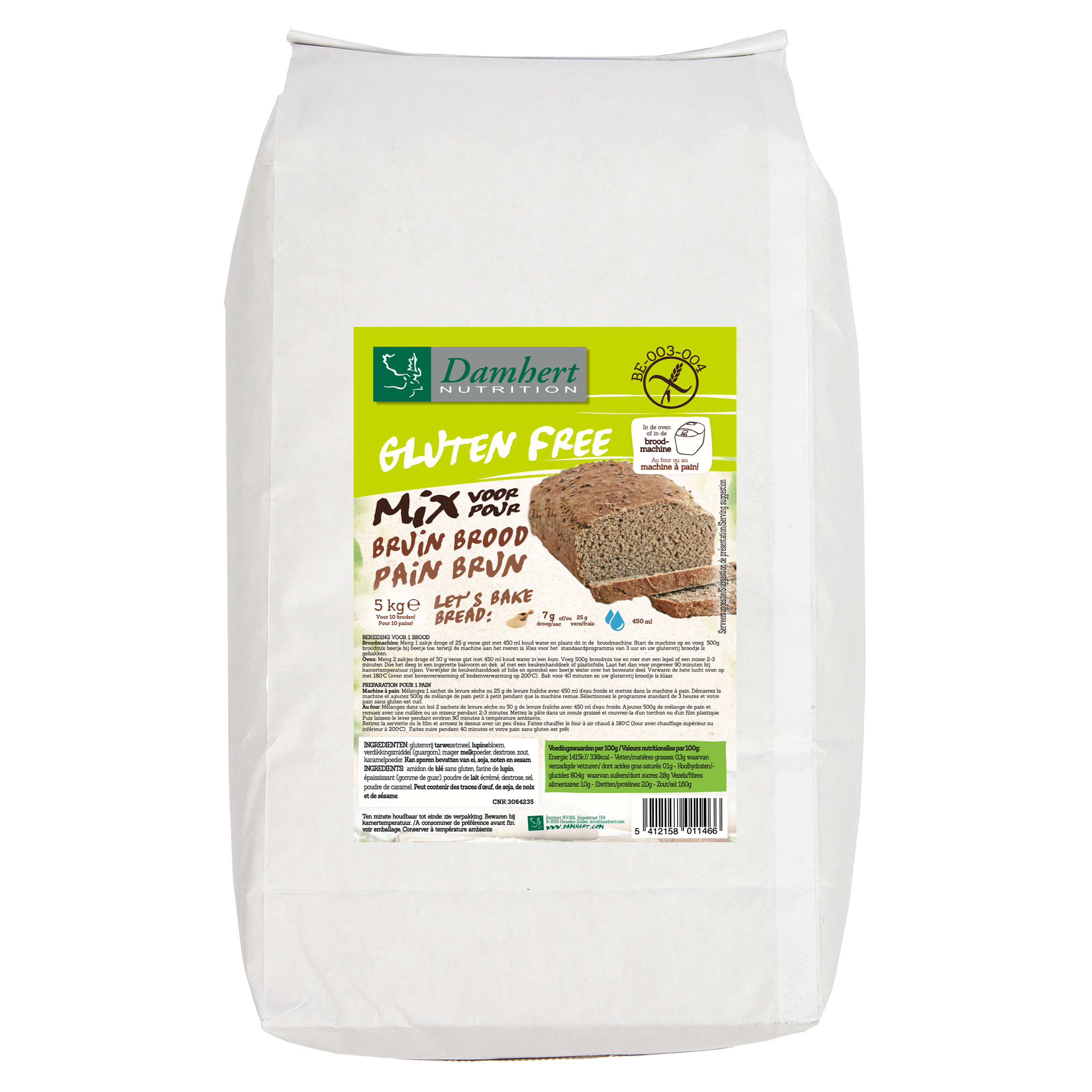 Damhert gluten-free brown bread mix in a 5 kg bag, suitable for baking and making healthy gluten-free bread.