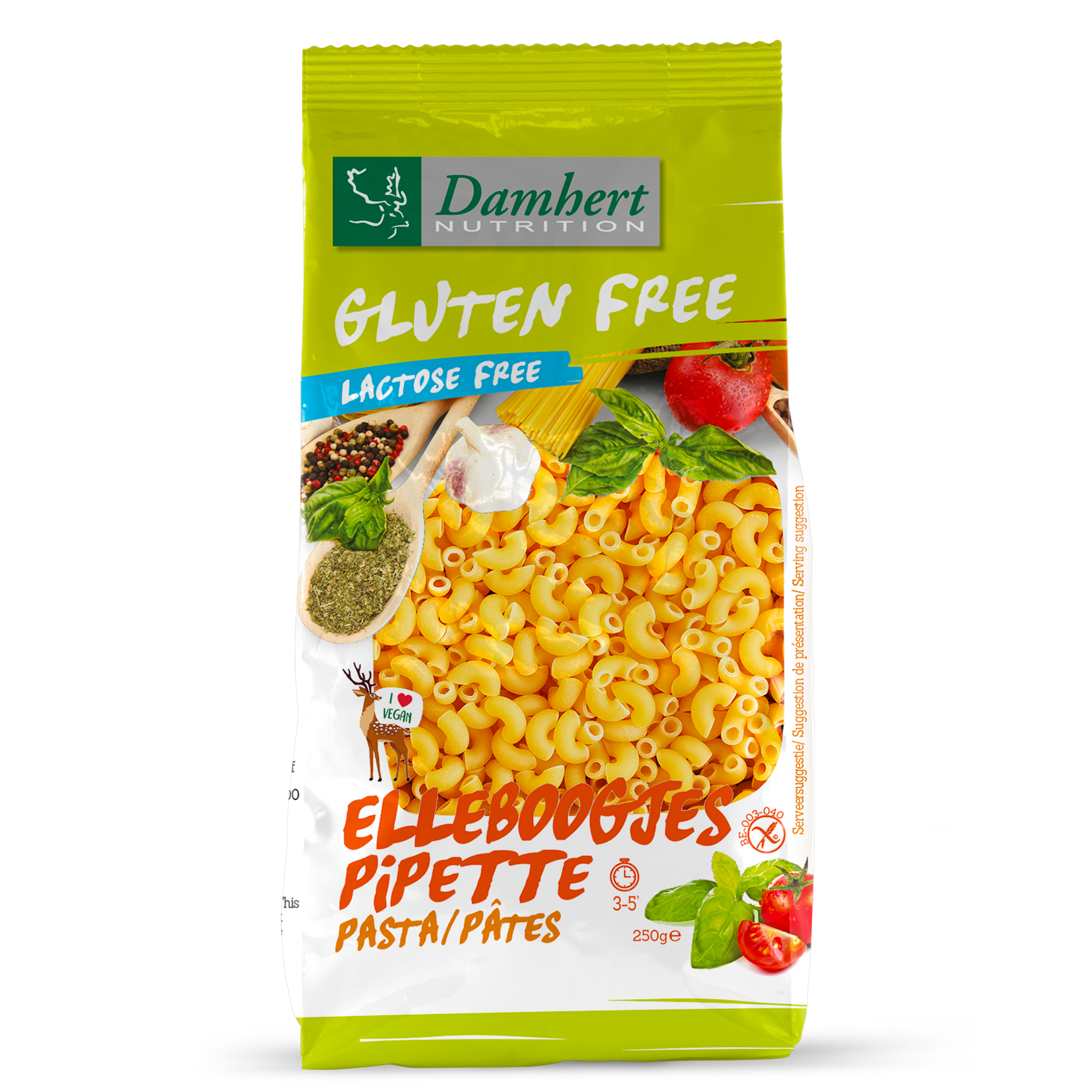Damhert gluten-free elbow pasta in 250g package, showing the pasta shape and packaging label.