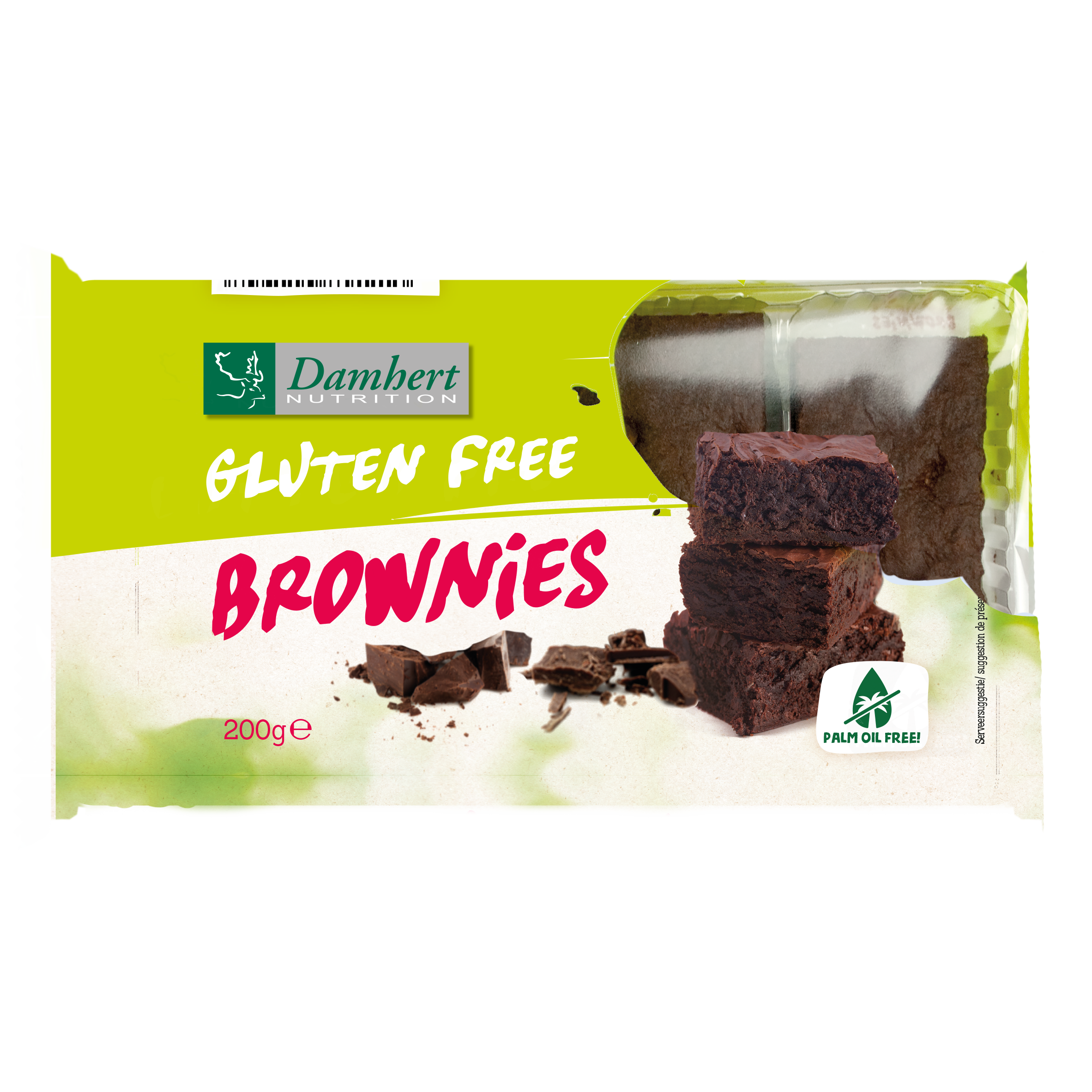 Damhert gluten-free brownies in a 190g package, showing moist, chocolatey koeken with a rich texture.