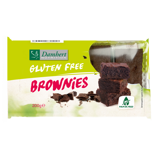 Damhert gluten-free brownies in a 190g package, showing moist, chocolatey koeken with a rich texture.