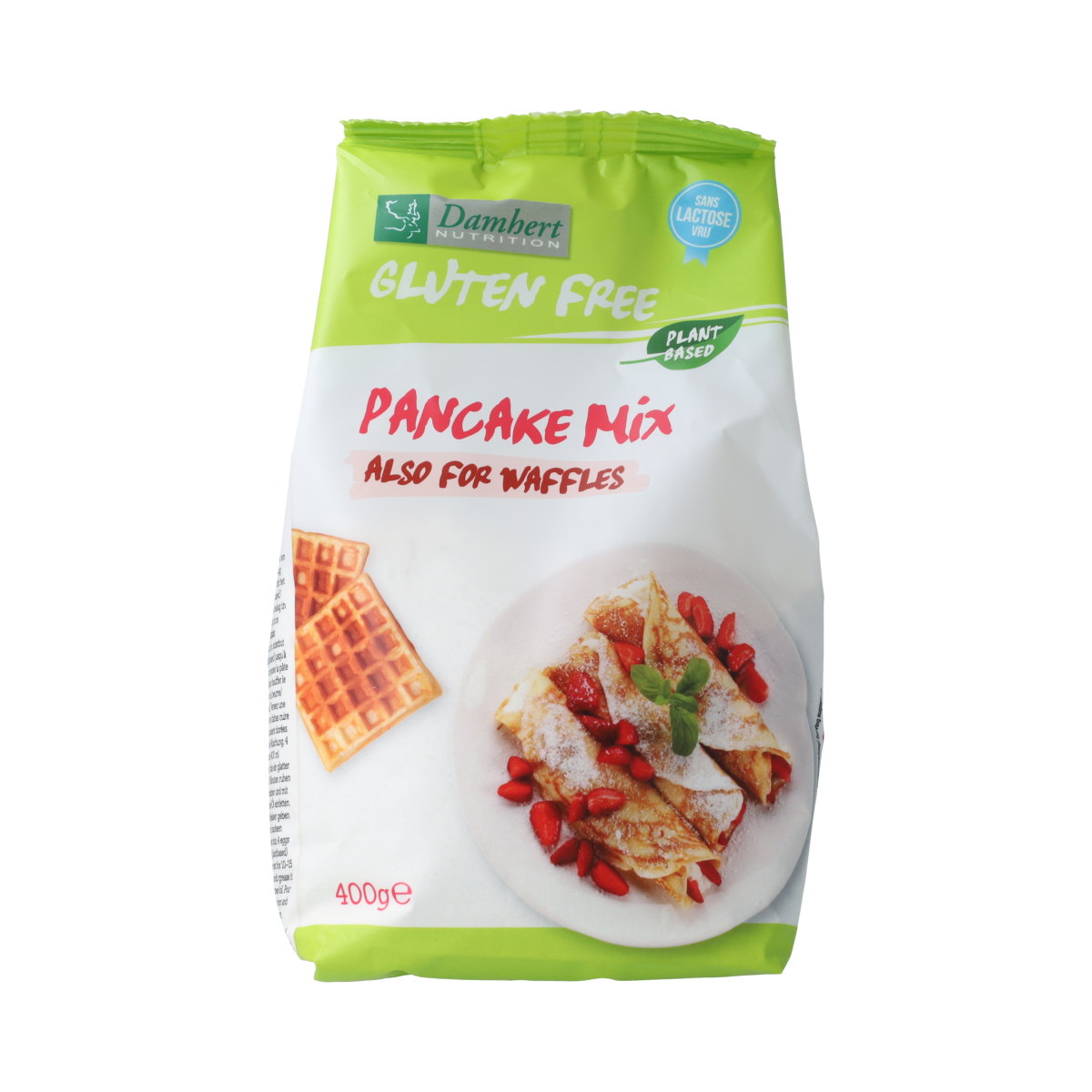 Damhert gluten- and lactose-free pancake and waffle mix in a 400g package, shown in a close-up image of the product packaging.