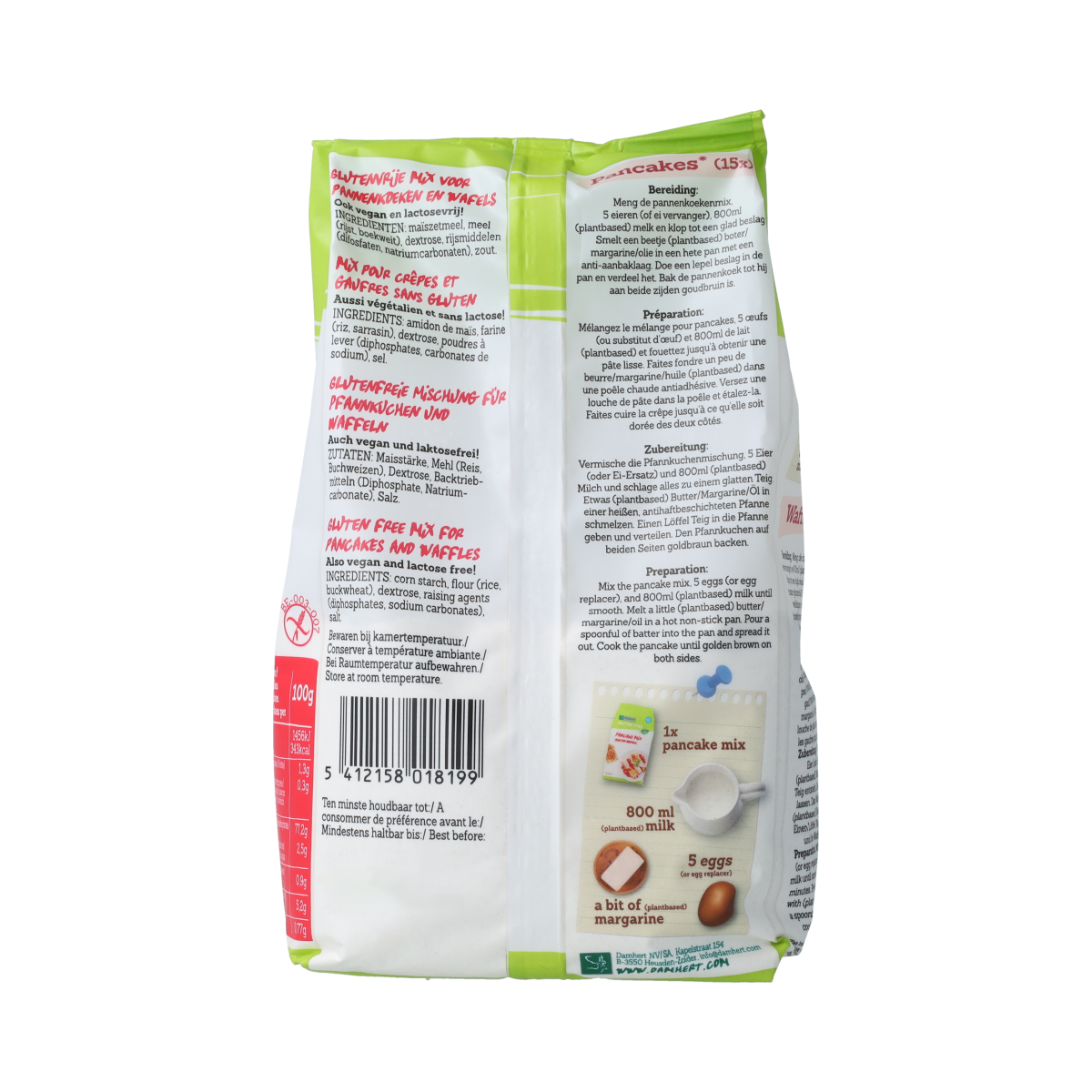 Damhert gluten- and lactose-free pancake and waffle mix, 400g bag, ready to make delicious gluten-free baked treats
