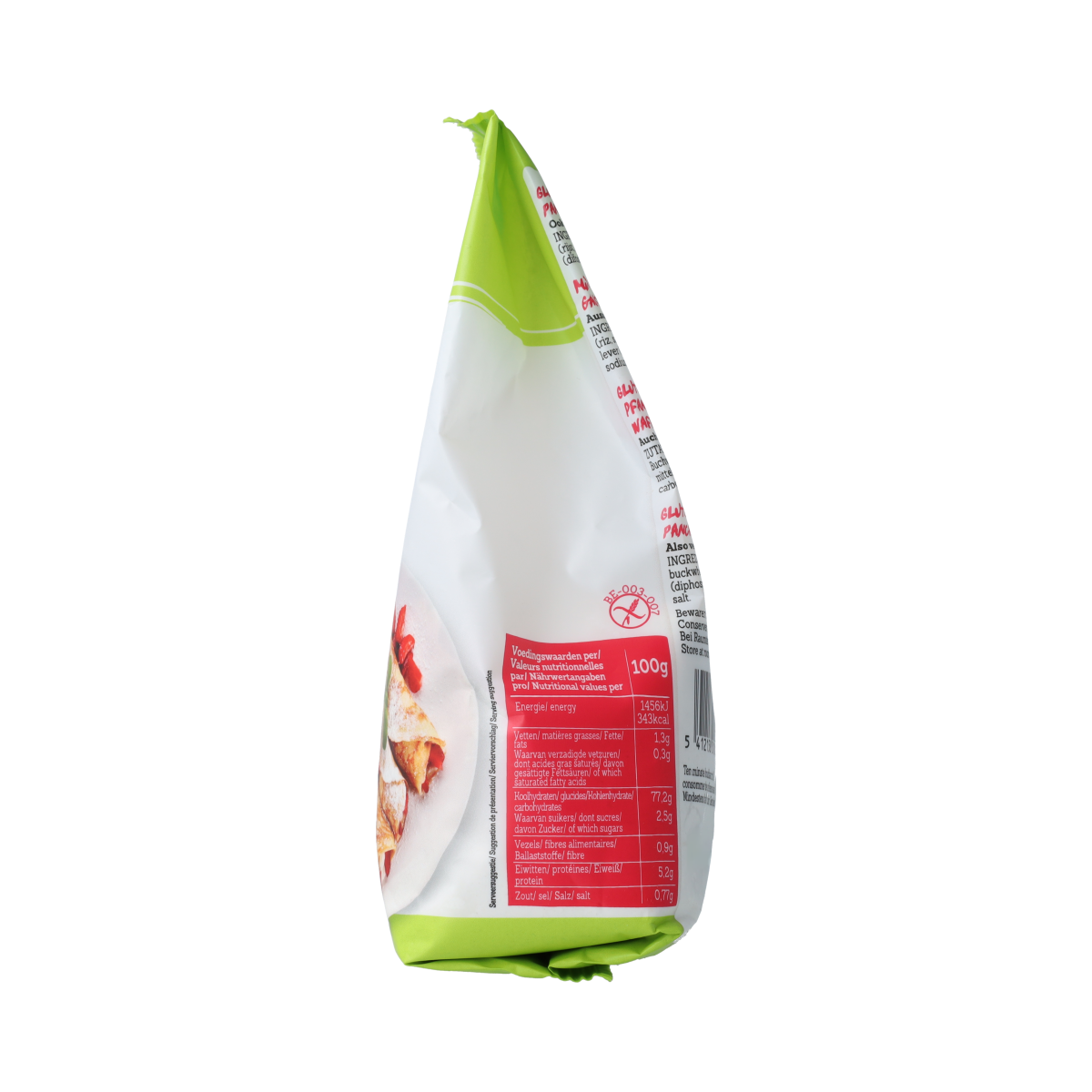 Damhert gluten- and lactose-free pancake and waffle mix in 400g package, shown in a close-up image.