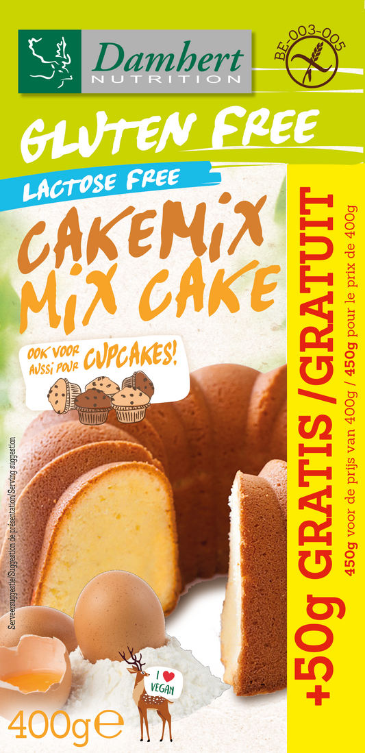 Damhert gluten-free cake mix with 400 grams and 50 grams free, packaged in a clear bag for baking and baking ingredients.