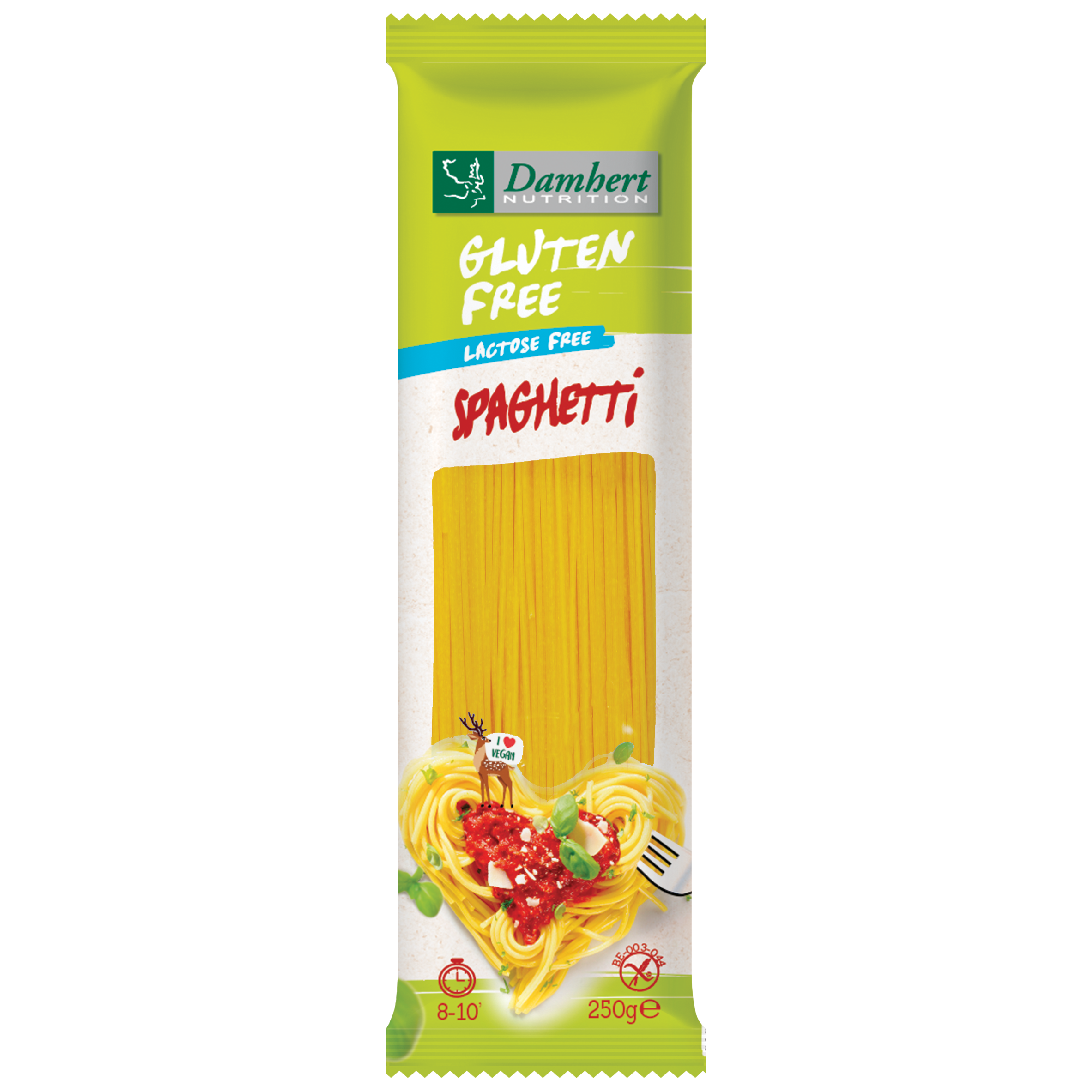 Gluten-free Damhert Spaghetti Pasta in 250g package, showing long, thin pasta strands on a white background.