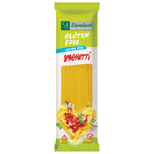 Gluten-free Damhert Spaghetti Pasta in 250g package, showing long, thin pasta strands on a white background.