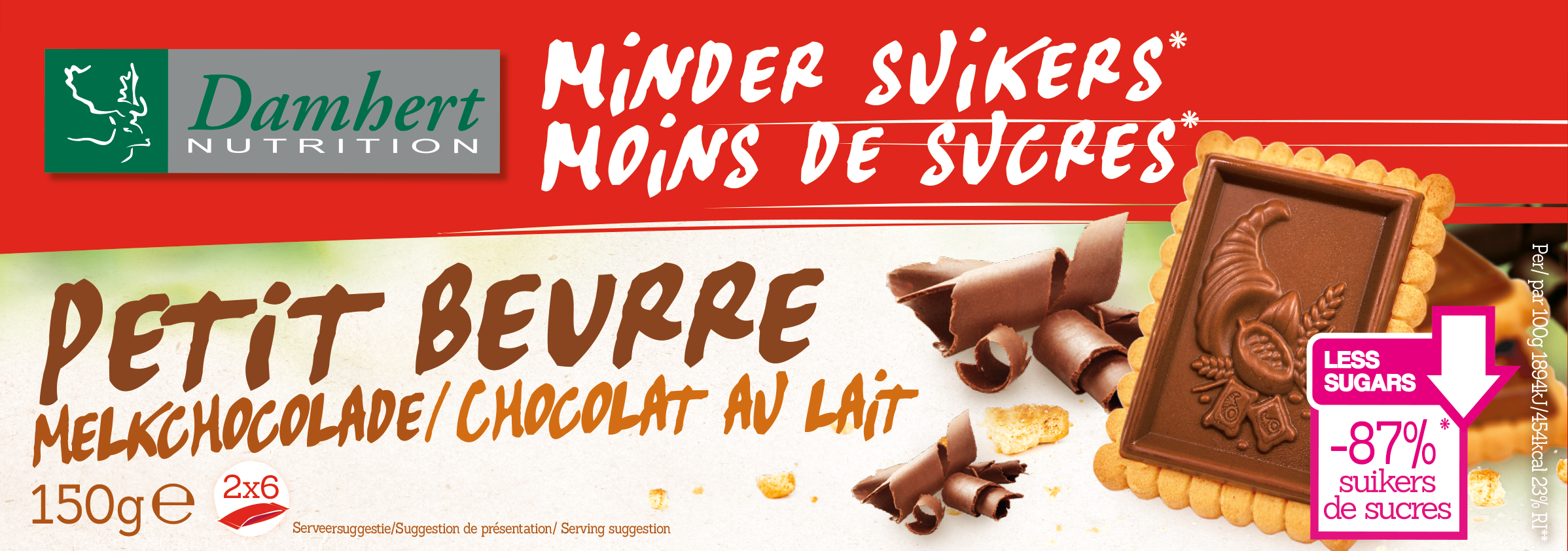 Damhert Petit Beurre melk koeken in 150g package, showing golden-brown butter cookies with ridged edges.