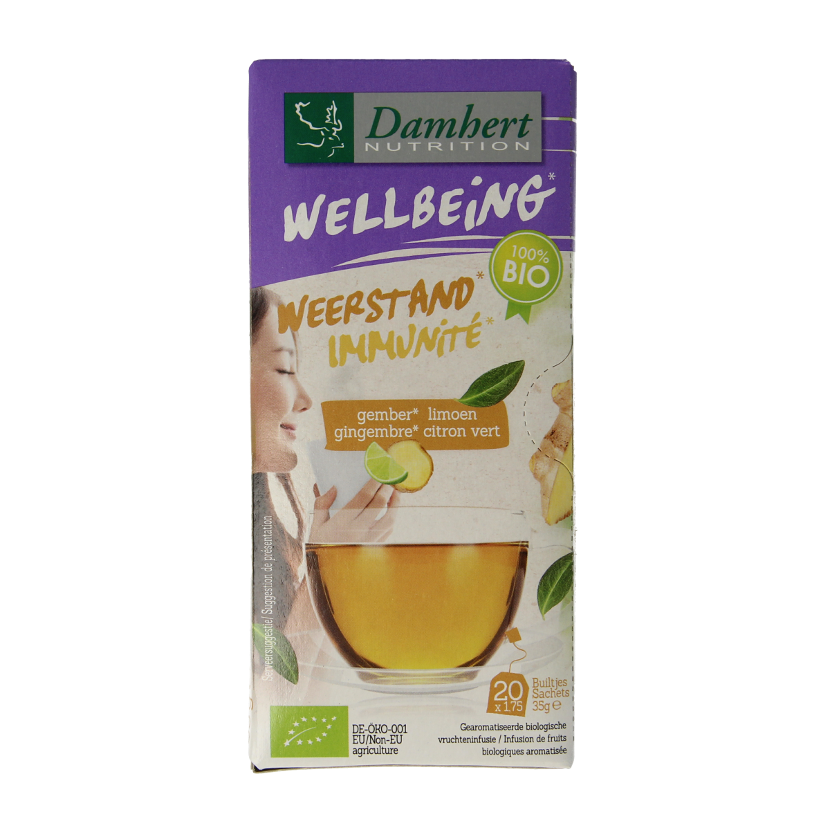 Damhert organic ginger lemon tea in a box with 20 tea bags, featuring fresh lemon and ginger slices on the packaging.