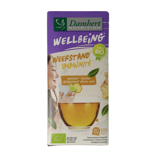 Damhert organic ginger lemon tea in a box with 20 tea bags, featuring fresh lemon and ginger slices on the packaging.