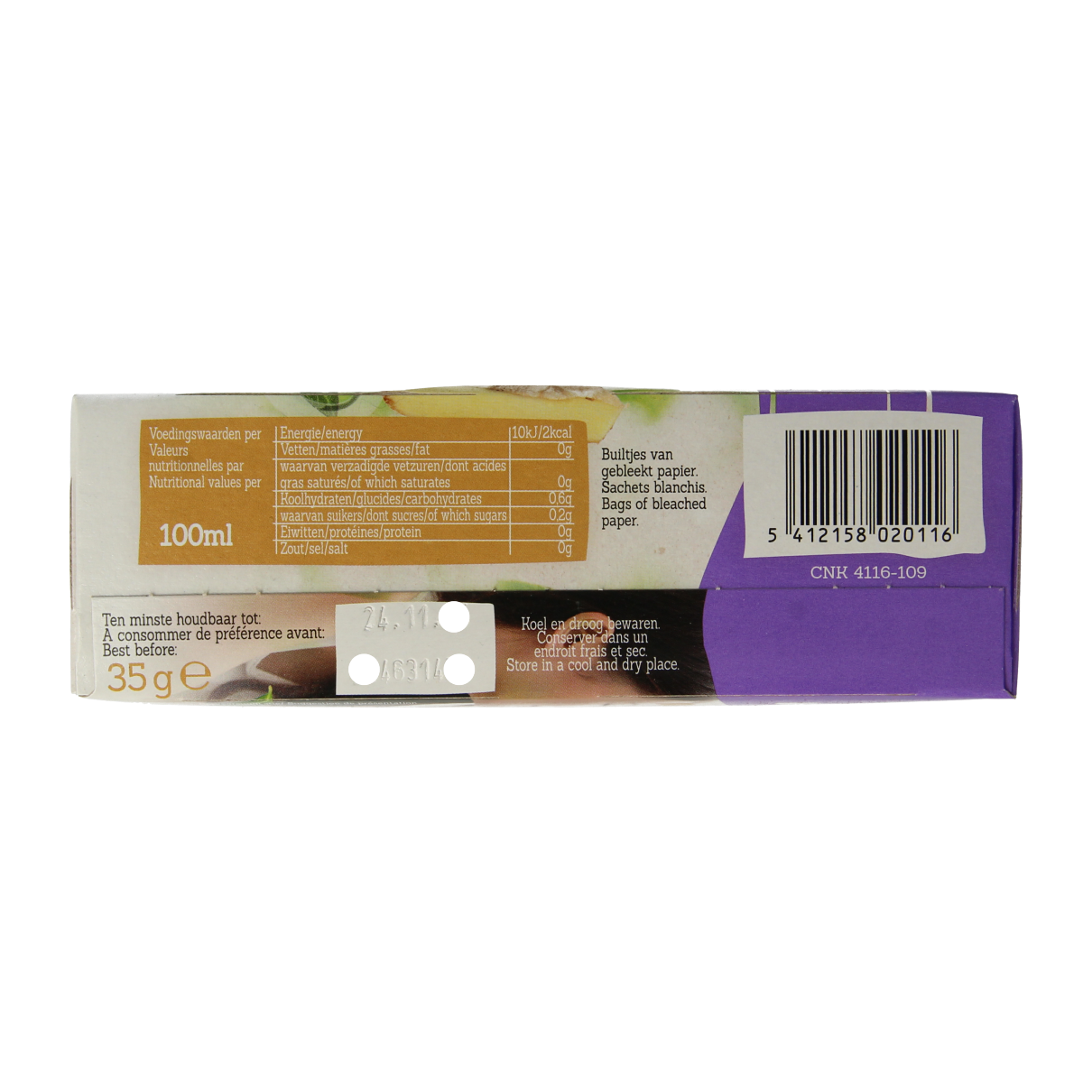 Damhert organic ginger lemon tea bags, 20-count, in a package with tea bags and lemon and ginger slices visible.